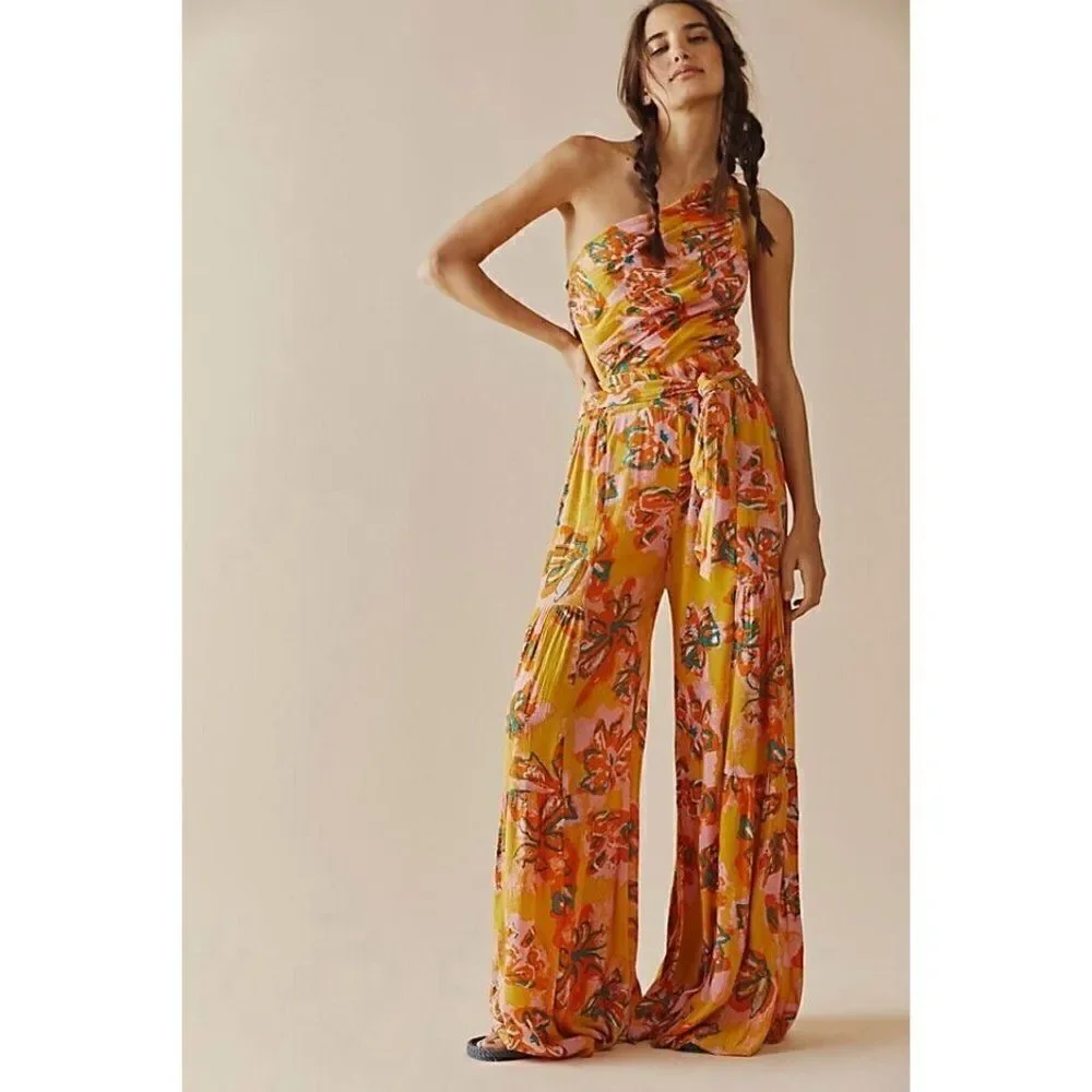 NWT FREE PEOPLE Sz XS THEA JUMPSUIT ONE SHOULDER ONE PIECE FLORAL WIDE LEG